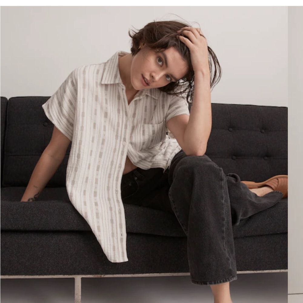 Madewell Dobby Striped Dolman Sleeve Button-Up Shirt S White